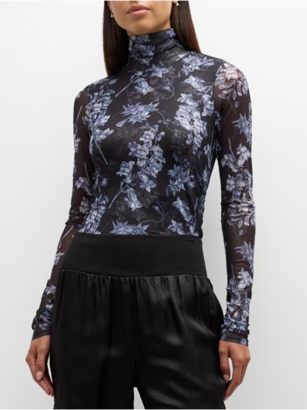 Cinq A Sept Coastal Floral Shirred Mesh Long-Sleeve Turtleneck Top